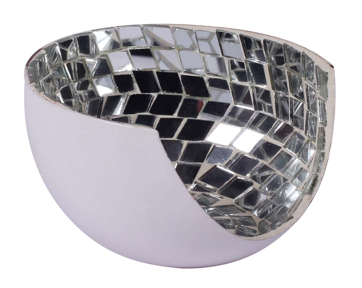 3.5” Half-Bowl Tea-Light Holder in Iron with Mirror-Work - White - Mosaic Art Decor from India - Buy in Bulk Wholesale